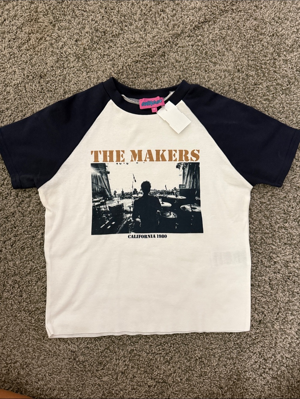Edikted The Makers Raglan Tee - White & Navy with Brown Graphic